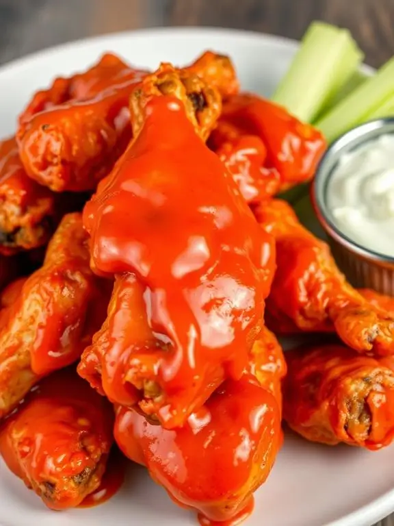Crispy classic buffalo chicken wings air fryer recipe with blue cheese dip and celery
