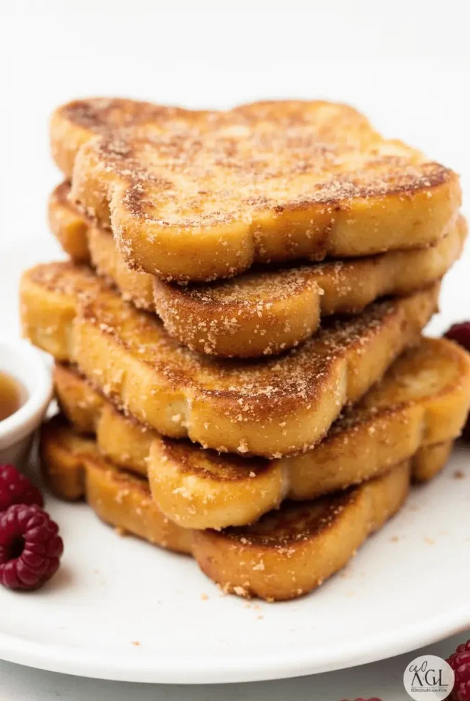 Cinnamon-sugar coated french toast sticks made in minutes using ninja air fryer recipes with syrup for dipping.