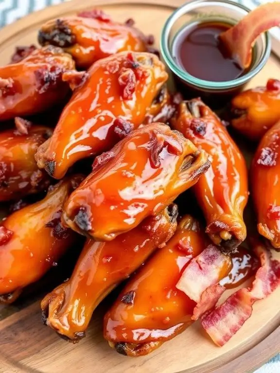 Indulgent maple bacon air fryer recipes chicken wings with sticky glaze and real bacon pieces, showcasing sweet-savory perfection.