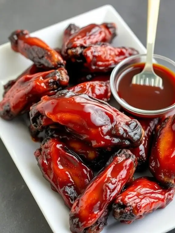 Classic honey BBQ air fryer recipes chicken wings with rich mahogany glaze showing perfect caramelization and sticky texture.