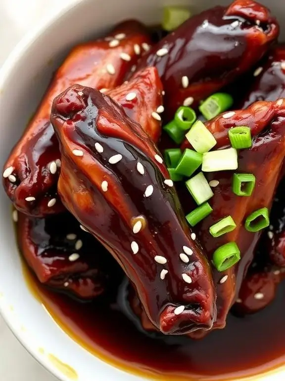 Japanese-inspired teriyaki air fryer recipes chicken wings with shiny glaze, sesame seeds, and green onion garnish in an Asian serving bowl.