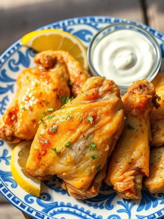 Mediterranean Greek lemon garlic air fryer recipes chicken wings with fresh herbs and lemon zest on traditional blue and white dinnerware.