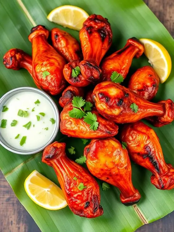 Bright red Indian tandoori air fryer recipes chicken wings with characteristic spice coloring served with cooling cucumber raita.
