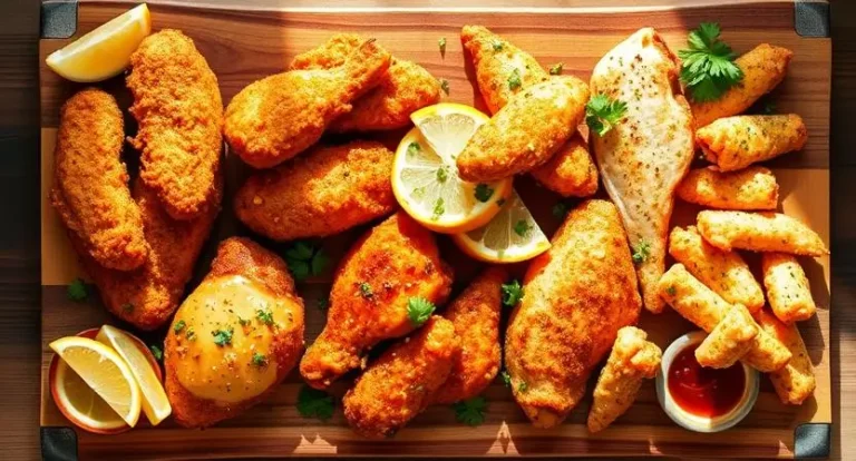Collection of golden-brown air fryer recipes chicken dishes arranged on a wooden board, showcasing crispy tenders, glazed bites, herb-crusted breasts, spicy wings, and coconut strips with colorful dipping sauces.