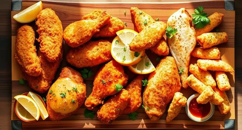 Collection of golden-brown air fryer recipes chicken dishes arranged on a wooden board, showcasing crispy tenders, glazed bites, herb-crusted breasts, spicy wings, and coconut strips with colorful dipping sauces.