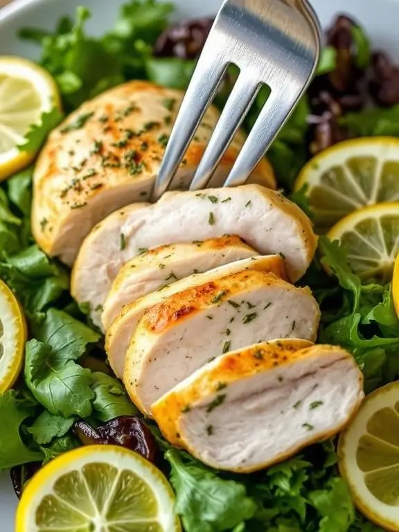 Sliced lemon herb air fryer recipes chicken breast on a bed of greens with lemon garnish, showing juicy interior and golden herb-crusted edges with a fork taking a piece.