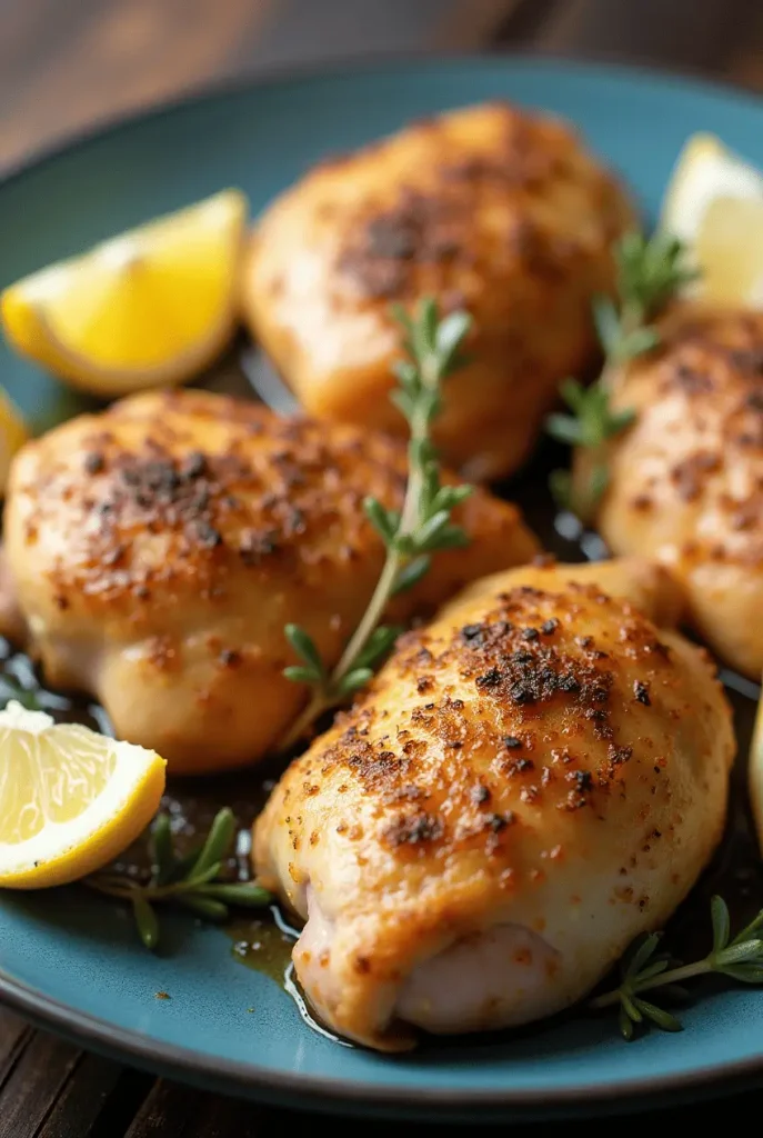Zesty lemon pepper chicken thighs air fryer recipes with fresh lemon slices and thyme garnish on a blue plate.