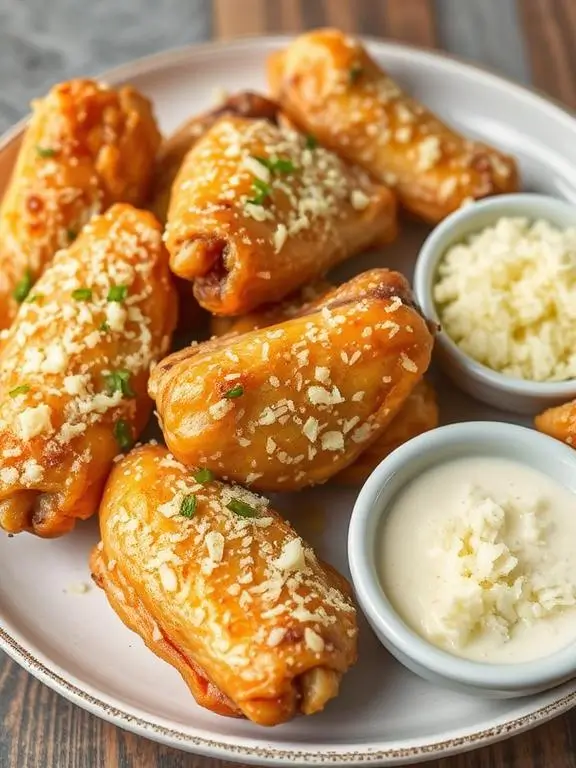 Creamy garlic Parmesan air fryer recipes chicken wings coated with melted cheese, minced garlic, and fresh herbs on a white plate.