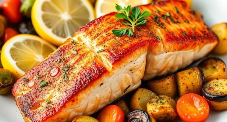 Perfectly cooked air fryer recipes salmon with crispy skin, served with roasted vegetables