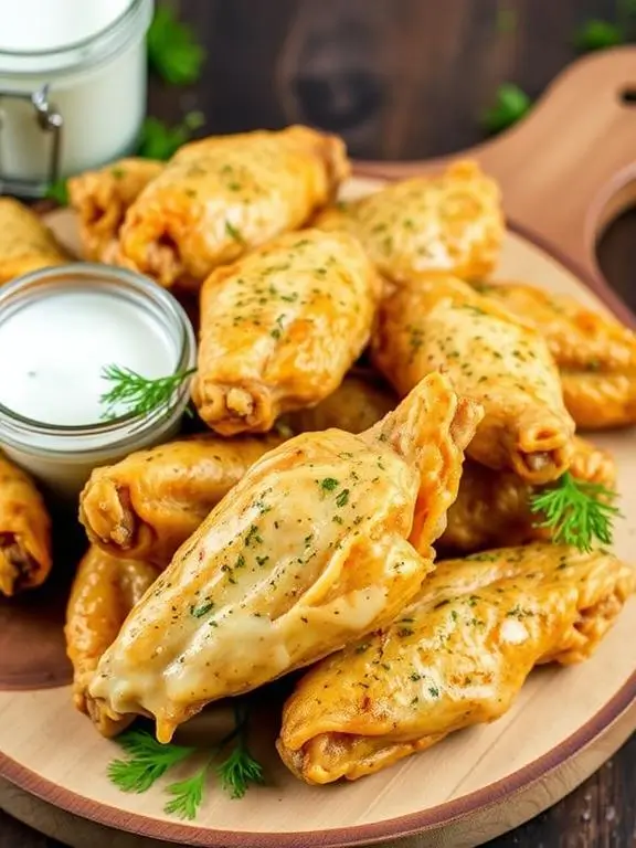 Herb-crusted ranch air fryer recipes chicken wings with visible seasoning specks served with fresh ranch dipping sauce.