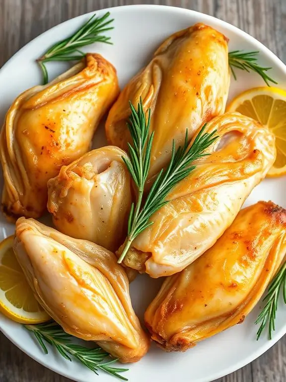 Sophisticated rosemary lemon air fryer recipes chicken wings with fresh herbs and citrus zest pressed into golden crispy skin.