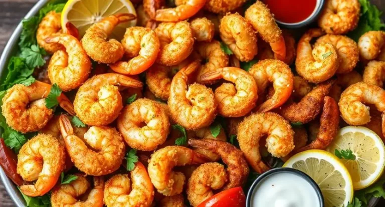 Assortment of delicious shrimp air fryer recipes including coconut, cajun, garlic butter, and lemon pepper variations on a serving platter with garnishes.