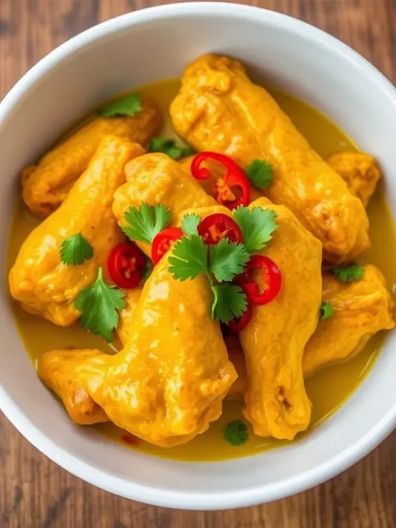 Exotic coconut curry air fryer recipes chicken wings with creamy yellow sauce, fresh cilantro, and chili garnish showing Thai influence.