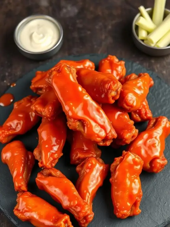 Bright red-orange buffalo air fryer recipes chicken wings with glossy sauce coating, served with classic blue cheese dip and celery.