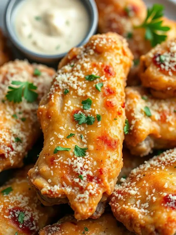Golden-brown garlic parmesan air fryer recipes wings coated in cheese and fresh herbs with extra parmesan dipping sauce.