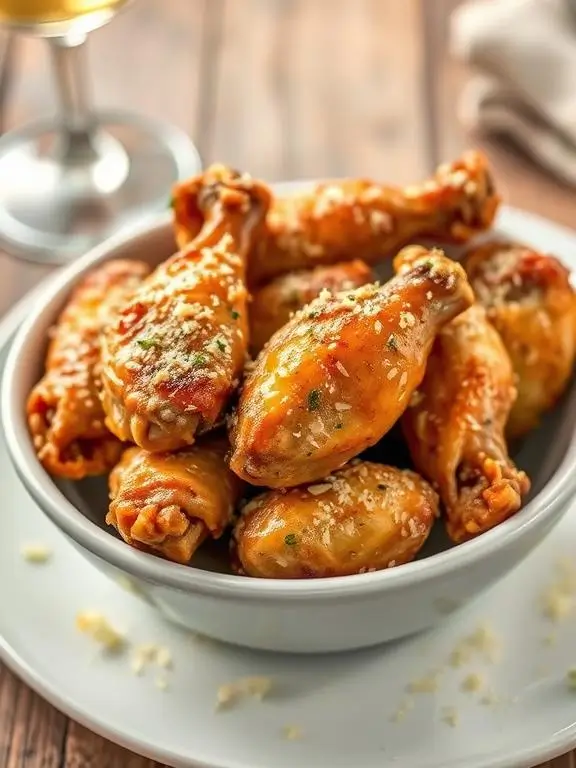 Savory garlic Parmesan chicken wings air fryer recipe with herb garnish
