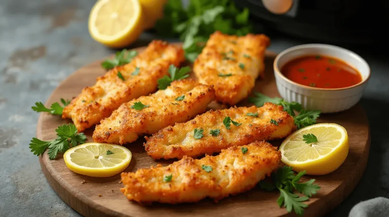 Crispy golden cod air fryer recipes arranged on a wooden board with fresh garnishes for healthy, delicious meals