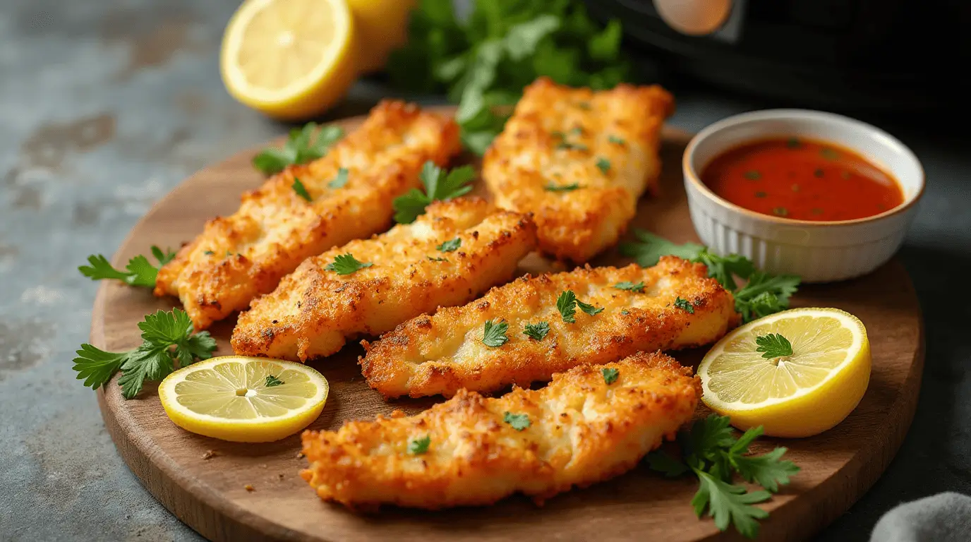 Crispy golden cod air fryer recipes arranged on a wooden board with fresh garnishes for healthy, delicious meals