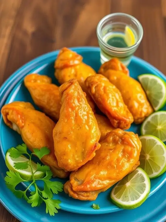 Vibrant tequila lime air fryer recipes chicken wings with citrus zest, fresh cilantro, and a playful tequila shot garnish.