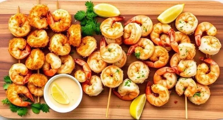 A selection of perfectly cooked air fryer recipes for shrimp displayed on a wooden serving board with various dipping sauces, garnishes, and fresh herbs.