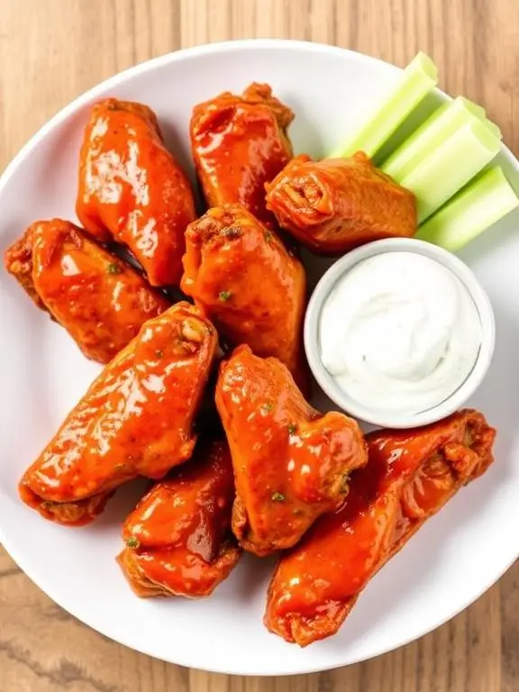 Low-carb keto buffalo air fryer recipes chicken wings without breading, served with keto-friendly blue cheese dip and celery sticks.