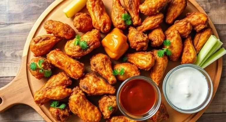 Various crispy chicken wings air fryer recipes displayed on a wooden board with assorted dipping sauces