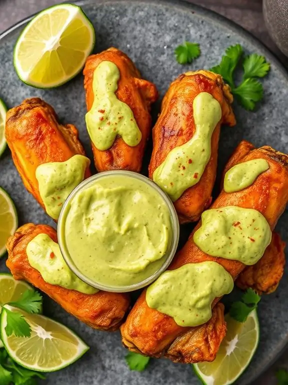 Keto-friendly spicy avocado lime air fryer recipes chicken wings with creamy green sauce, showing healthy fat richness.