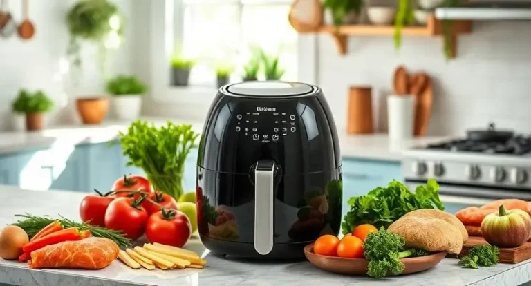 Collection of nutritious health air fryer recipes featuring fresh ingredients and a modern air fryer on a bright kitchen counter - perfect for creating delicious meals with less oil.