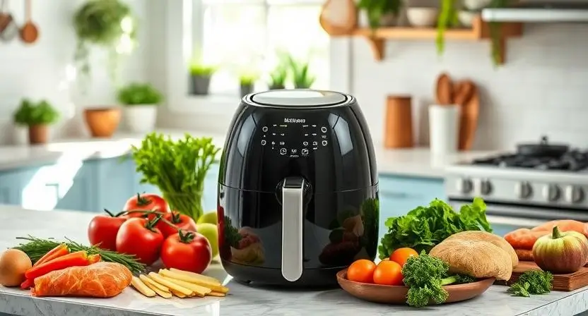 Collection of nutritious health air fryer recipes featuring fresh ingredients and a modern air fryer on a bright kitchen counter - perfect for creating delicious meals with less oil.