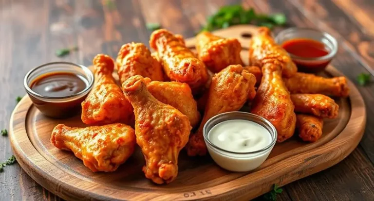 Assortment of perfectly crispy air fryer recipes chicken wings arranged on a wooden board with colorful dipping sauces and fresh herbs.