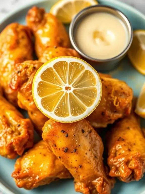 Zesty lemon pepper air fryer recipes wings with visible seasonings, served with fresh lemon wedges and extra lemon-butter sauce.