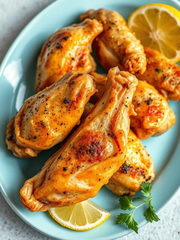 Zesty lemon pepper air fryer recipes chicken wings with visible seasoning specks, served with fresh lemon wedges on a blue plate.