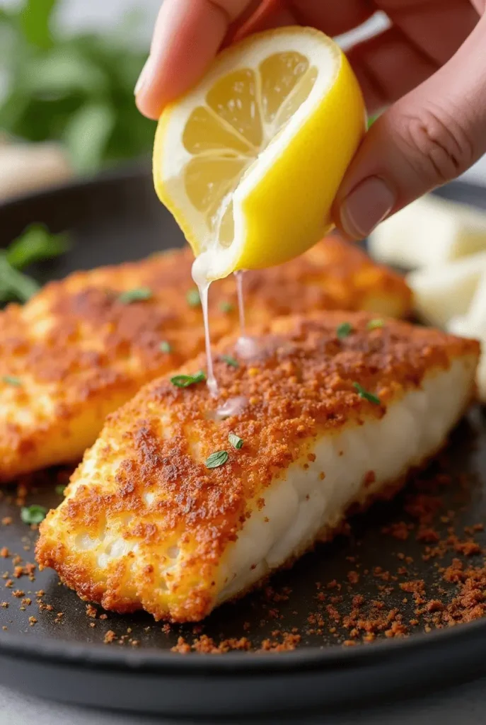 Spicy cajun cod air fryer recipe with bold seasoning crust and fresh lemon juice being squeezed on top