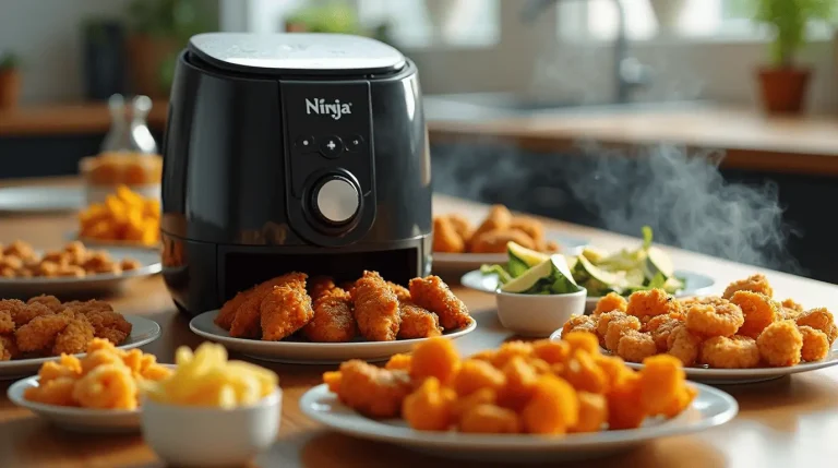 Delicious variety of quick ninja air fryer recipes including crispy wings, sweet potato fries, and coconut shrimp ready in 15 minutes.