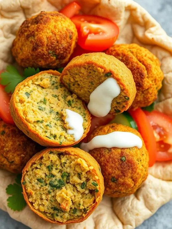 Protein-rich falafel pockets created with health air fryer recipes, showing crispy exterior and herb-filled interior with fresh vegetables.