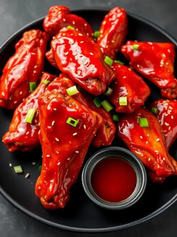 Glossy red Korean gochujang air fryer recipes wings garnished with sesame seeds and green onions on a black plate.