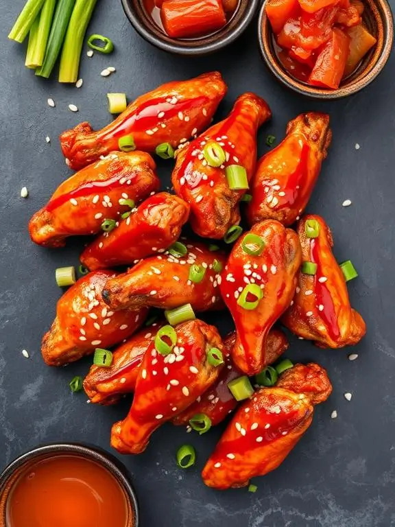 Spicy Korean gochujang chicken wings air fryer recipe with sesame seeds and Asian sides