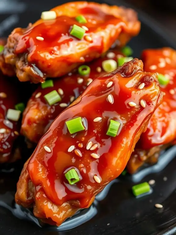 Glistening honey garlic air fryer recipes chicken wings with sticky glaze and green onion garnish showing beautiful caramelization."
