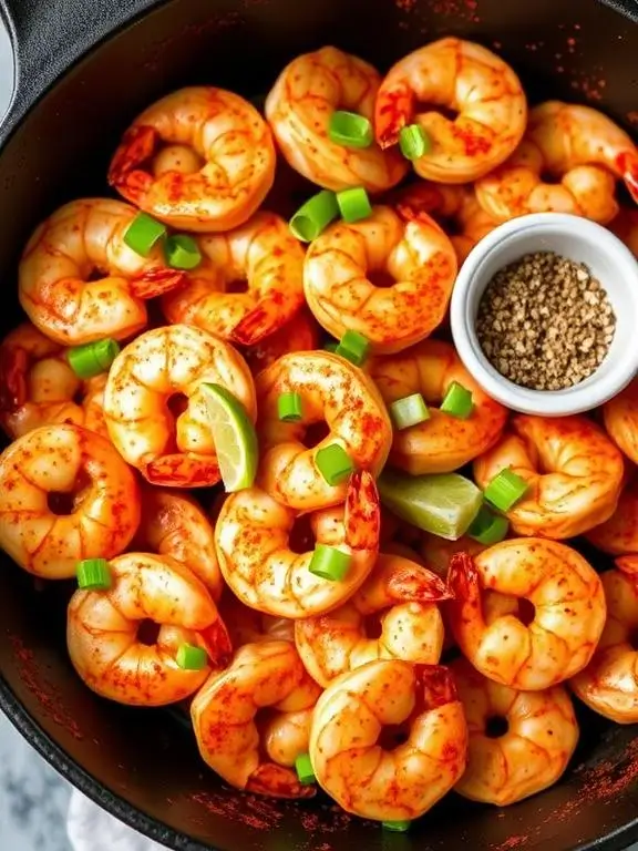 Spicy Cajun-seasoned shrimp created using quick air fryer recipes for shrimp, garnished with green onions and served with lime for added zing.