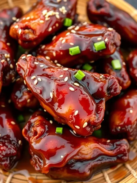 Glossy honey soy air fryer recipes wings with sesame seed garnish served on a bamboo plate with extra glaze.