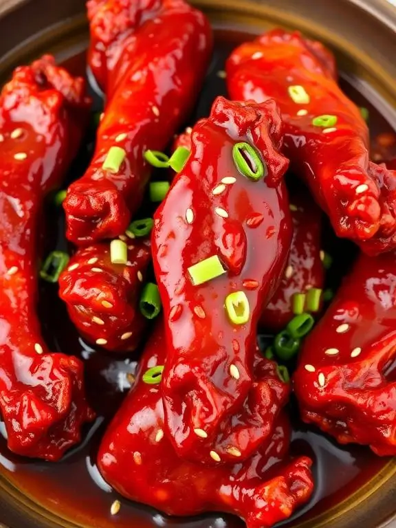 Vibrant red Korean gochujang air fryer recipes chicken wings garnished with sesame seeds in traditional earthenware, showcasing their spicy-sweet appeal.