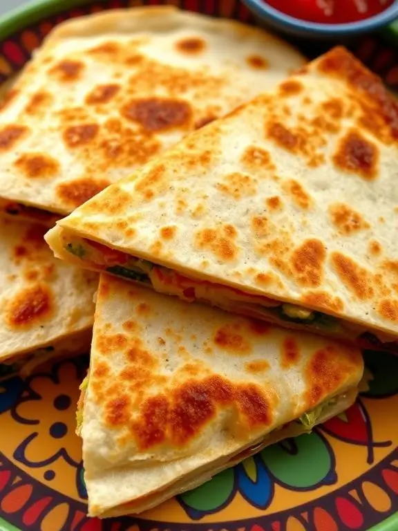 Colorful vegetable quesadillas prepared using health air fryer recipes showing crispy exterior and rainbow of vegetables inside.