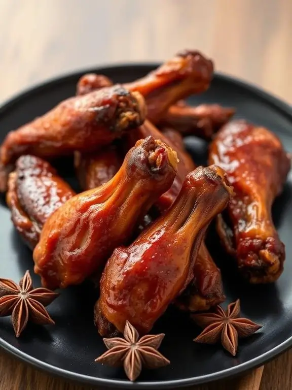 Chinese five-spice air fryer recipes chicken wings with rich amber coloring and aromatic spices visible in the background.