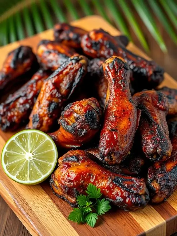 Caribbean-inspired Jamaican jerk air fryer recipes chicken wings with characteristic dark spice coating and lime wedges for squeezing.