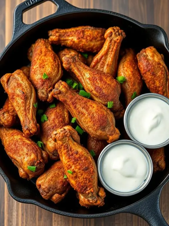 Cajun-spiced air fryer recipes chicken wings with distinctive reddish-brown dry rub coating served in a rustic cast iron skillet.