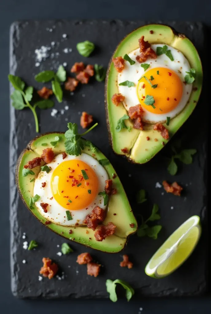 Vibrant ketogenic air fryer recipes featuring egg-filled avocado halves topped with bacon crumbles and red pepper flakes on slate.