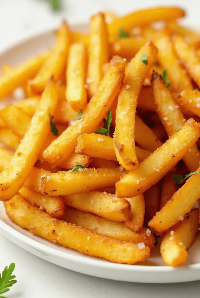 Perfectly golden, crispy basic air fryer recipes french fries with a light sprinkle of salt and parsley garnish.