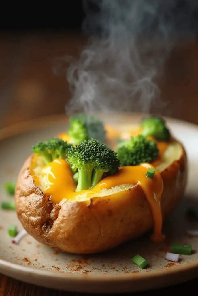 Broccoli cheddar baked potato air fryer recipe with velvety cheese sauce and tender-crisp bright green broccoli