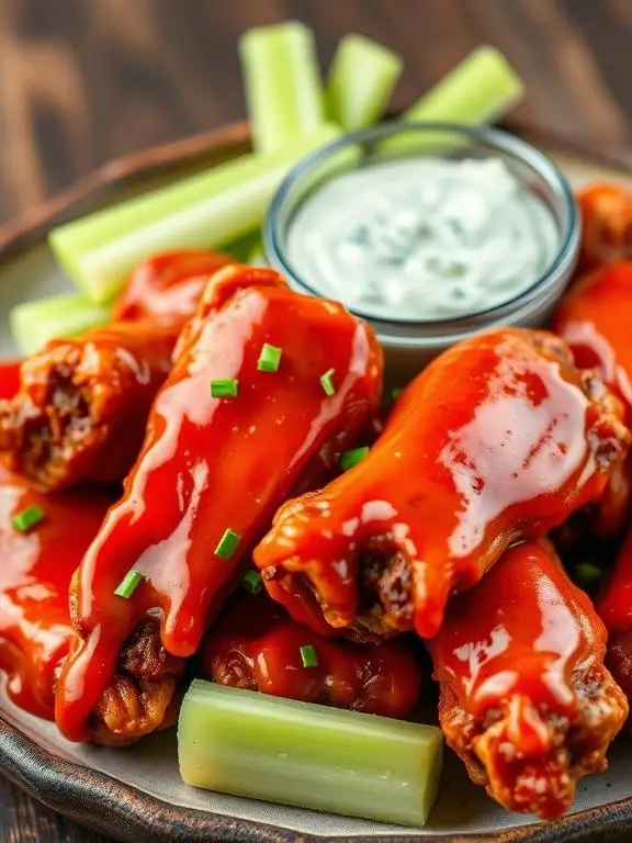 Crispy buffalo air fryer recipes chicken wings coated in vibrant red sauce arranged on a plate with celery sticks and blue cheese dressing, showcasing their glistening exterior.