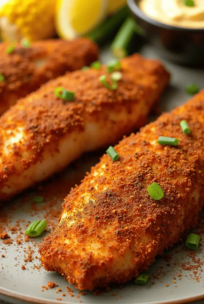 Spicy Cajun-crusted catfish made with air fryer recipes for fish, showing vibrant spice coating and flaky interior, served with Southern sides